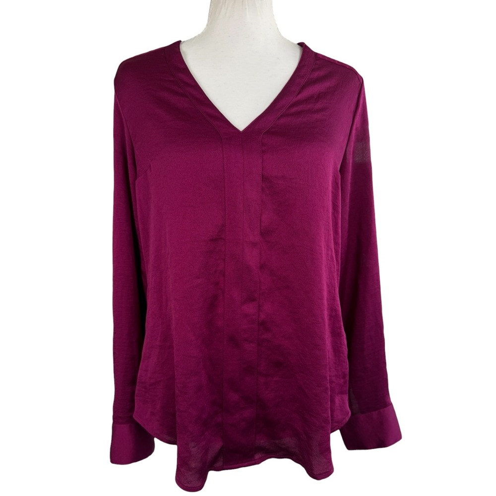 Express Portofino Blouse Womens S Magenta Purple V Neck Roll Tab Career Top